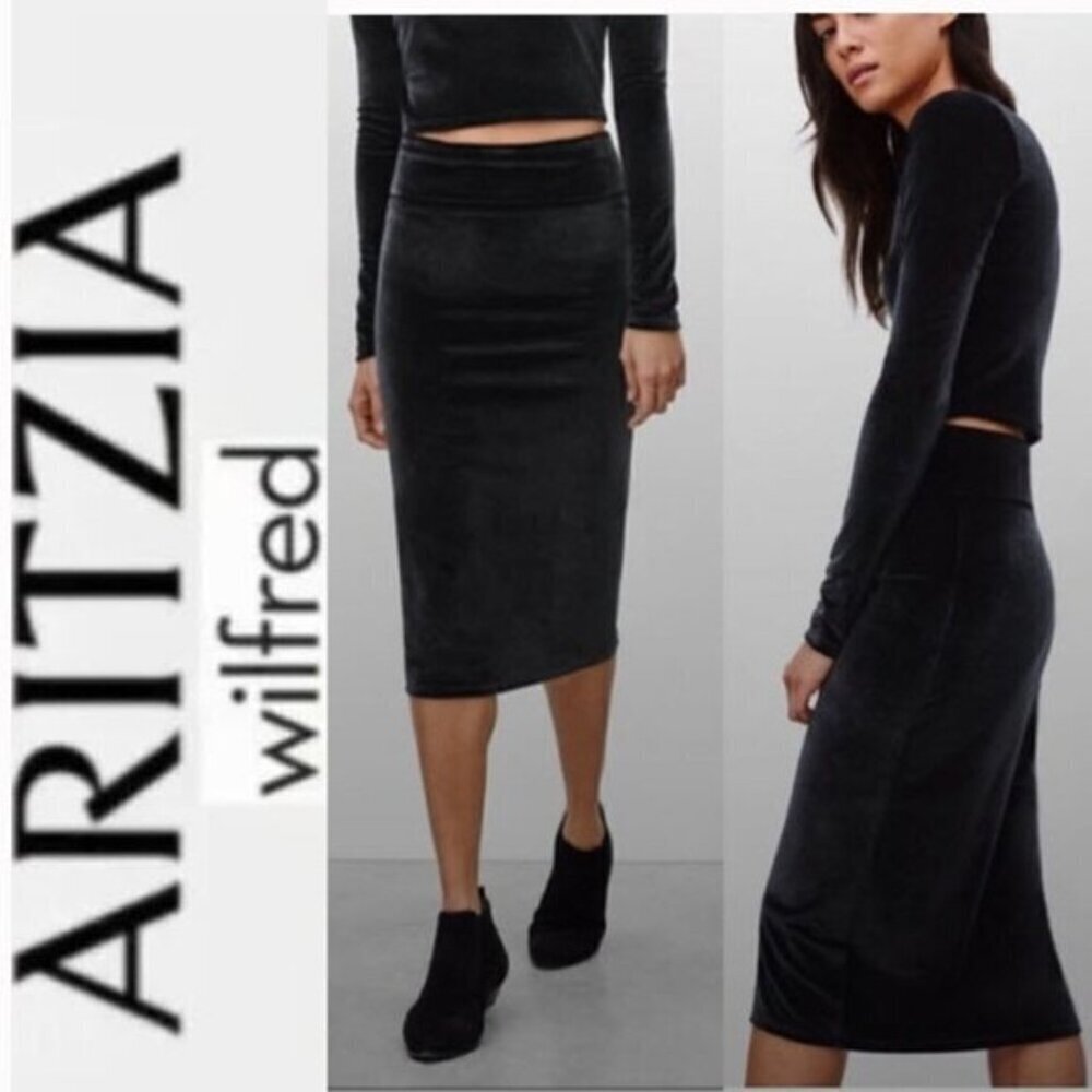 Aritzia Wilfred Free Bela Black Velvet Midi Skirt